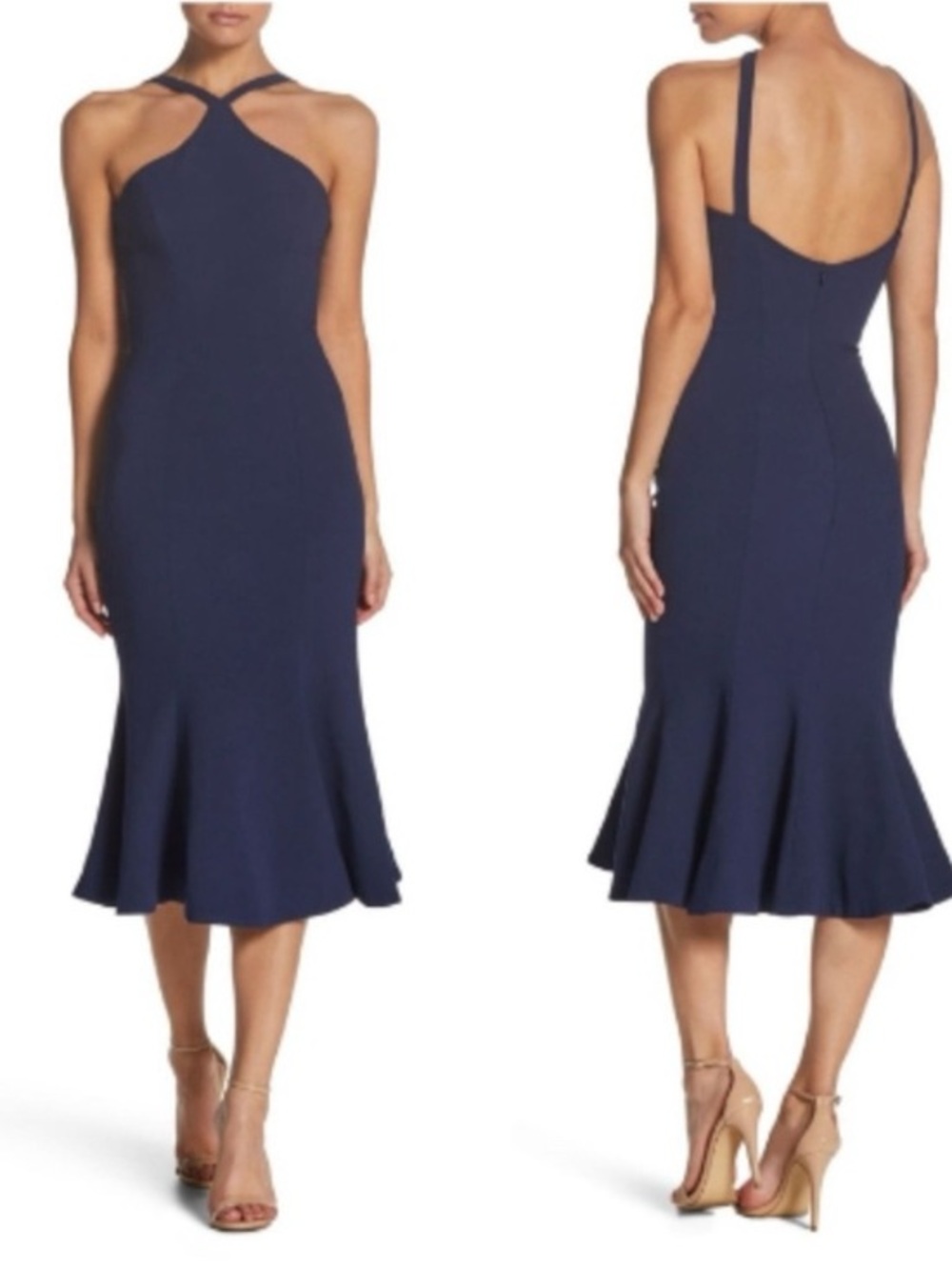 Dress the Population Navy Blue Halter Midi Dress Size Small Fit & Flare